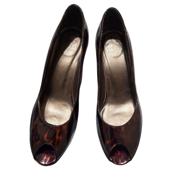 Stuart Weitzman Brown Tortoise Patent Leather Peep Toe Pump Heels 7M S.2 - Picture 2 of 14